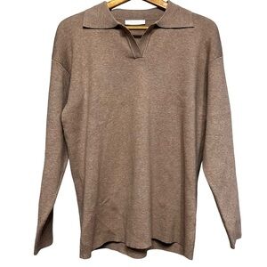 Mapcie Tan Knit Polo Sweater Long Sleeve Pullover Size Large Lounge Casual